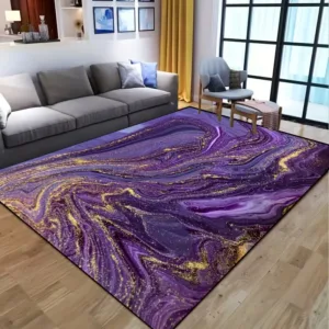 Purple Fluid Art Rug Carpet Cozy Living Room Bedroom Rug Metallic Gold Lines Modern Luxury Home Decor Indoor Outdoor