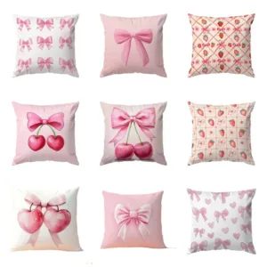 Soft Pink Bow & Cherry Blossom Pillow Cover 45x45cm - Floral Printed Pillow Case for Sofa Living Room, Home Decor Pillow Cover
