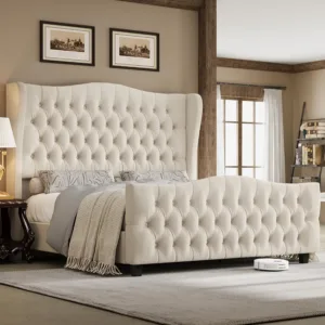 King Size 54.3" Tall Bed Frame with Wingback Headboard & Footboard | Velvet Upholstered Platform Bed with Deep Button Tufted & H