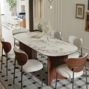 Small Apartment Oval French Retro Chic Style Solid Wood Walnut Color Stone Plate Home Dining Tables and Chairs Set