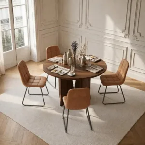 Modern Round Dining Table Set for 4, 39.4" Walnut Kitchen Table with 4 PU Leather Chairs, 5-Piece Mid-Century Dining, Custom