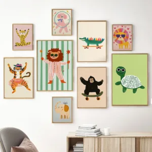 Yoga Leopard Elephant Lion Wall Art Nursery Safari Animal Print Baby Room Decor Kids Jungle Art Safari Illustration Pastel Decor