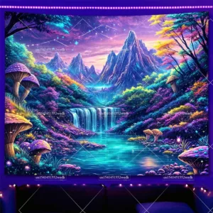 Fantasy Forest Blacklight Tapestry UV Reactive Neon Wall Hanging Moon Butterfly Fluorecent Tapestry Aesthetic Room Decor Posters