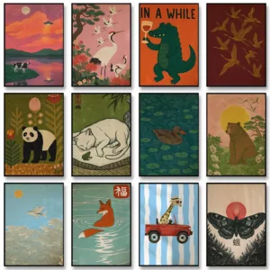 Vintage Retro Wildlife Animal Tiger Bear Panda Duck Crane Canvas Painting Wall Art Poster Picture Home Decor Mural Cuadros