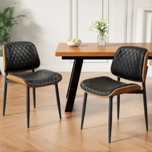 Mid-Century Modern Upholstered PU Leather Dining Chairs with Walnut Backrests and Metal Legs, Black Diamond Plaid Pattern