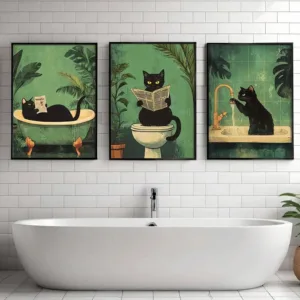Whimsical Black Cat Reading Newspaper Poster Print Bathroom Vintage Green Maximalist Decor Funny Toilet Canvas Painting Wall Art