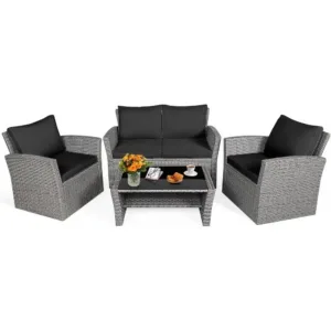 All-Weather Outdoor Sectional Rattan Sofa Set with Cushions and Tempered Glass Table for Patio, Backyard, or Poolside (Black)