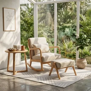 Oak Rocking Armchair Fabric Upholstered for Living Room Bedroom Solid Wood Frame Lounges Chair with Footstool Set Balcony Lazy