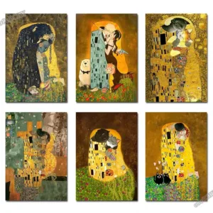 Humorous The Kiss by Gustav Klimt Canvas Painting Posters and Prints Abstract Wall Art Mural for Modern Living Room Decor