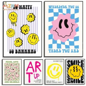 AZNM Retro Melting Smiley Face Canvas Wall Art Trendy Checkerboard Colorful Typography Poster Dorm Bedroom Unframed Decor Print