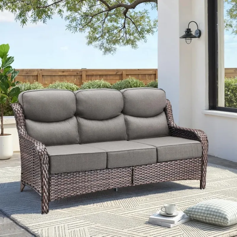 Luxury Outdoor Patio Furniture Set-Wicker High Backrest 3-Seat Patio Sofa with Comfy 6" Cushion, Rattan Couch with, Customized
