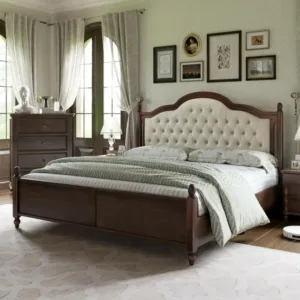 AMERLIFE King Size Solid Wood Bed Frame,Transitional Platform Bed with 52.5"Upholstered Tufted Headboard,Rubberwood/Roman Column