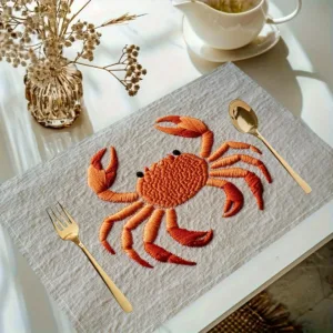 2d flat printing, crab typography design, Non-real embroidery, minimalist ocean - inspired graphic Table Mat for Dining Table