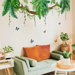 M47 Tropical Leaves Branch Wall Decals Hanging Vines Green Plants Butterfly Wall Stickers Living Room Bedroom Office Wall Decor