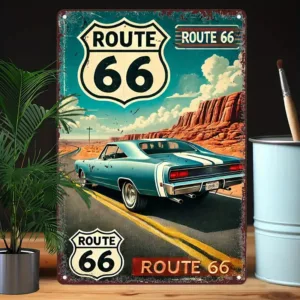 Vintage Route 66 Metal Sign - Retro Americana Wall Art with Classic Car & Desert Landscape, Durable Iron Decor for Bar, Cafe, B