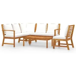 5-Piece Outdoor Sectional Sofa Set with Cushions, Cream Acacia Wood, Modern Style