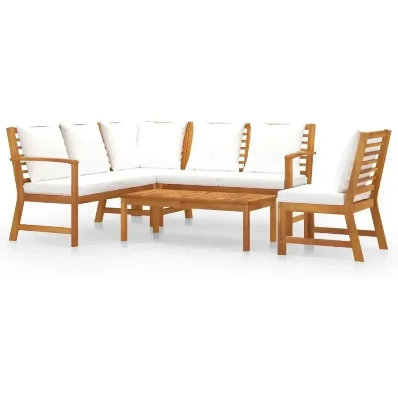 5-Piece Outdoor Sectional Sofa Set with Cushions, Cream Acacia Wood, Modern Style