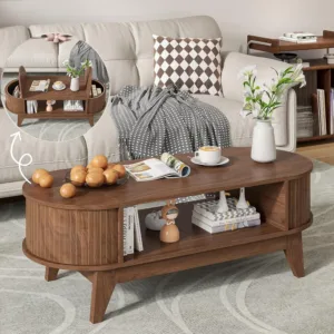 Coffee Table with Storage,Mid Century Modern Coffee Tables with 2 Flip-Top Hidden Lids,Fluted Coffee Table,Wood Center Tables fo