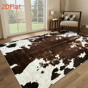 2D Flat Cowhide Print Flannel Area Rug Non Slip Faux Leather Texture Carpet for Living Room Bedroom Ranch StyleFloor DecorRustic