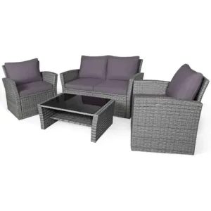 All-Weather Outdoor Sectional Rattan Sofa Set with Cushions and Tempered Glass Table for Patio, Garden, and Poolside