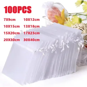 100PCS Organza Drawstring Gift Bags Sheer Mesh Pouch Jewelry Wedding Party Favor Candy Storage Organza Packaging Bags