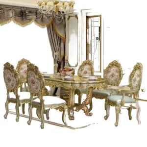 European Style Solid Wood Dining Table Set Rectangular Light Luxury Household 1 Table 6 Chairs Combo for Restaurant Home Use