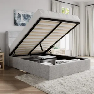 Queen Size Lift Up Hydraulic Storage Bed Frame Light Grey Modern Wingback Headboard, Upholstered Platform Bed Frame, Hydraulic