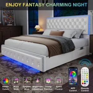 Full/Queen/King Size LED Bed Frame With 2 Storage Drawers Side Pockets Crystal Button Tufted Upholstered Headboard Platform Bed Solid Slats Noise Free No Box Spring Modern Bedroom Furniture, PU White
