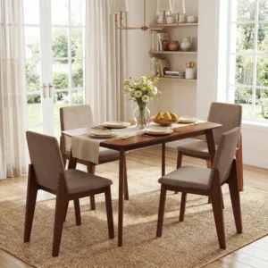 Dining Table Set for 4, Padded Seat & Backrest, Rubber Wood Frame | Mid-Century Modern Kitchen Table and 4 Upholstered, Custom