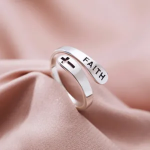 Faith Cross Open Ring Cut‑Out Faith Letter Cross Adjustable Wrap Ring Christian Religious Jewelry Gift