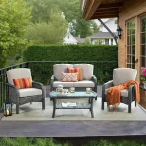 4-Piece Outdoor Wicker Loveseat Sofa Set with High Back Chairs and Table, All-Weather Beige