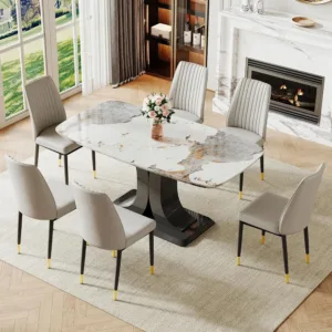 Modern Dining Table Set for 6, Marble Kitchen Table Chair Set for 6, Rectangular Kitchen Table with 6 Pu Leather, Customized