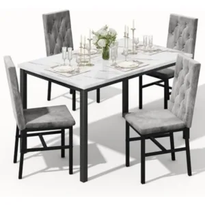 Dining Table Set for 4, Faux Marble Small Kitchen Table Chairs Set of 4 with Luxurious Button Tufted Dinner Chairs for
