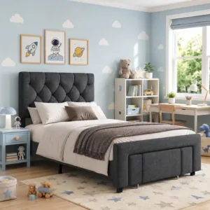 Twin Size Upholstered Bed Frame With 2 Storage Drawers, Platform Bed With Headboard, Wooden Slats Support, No Box Spring Needed
