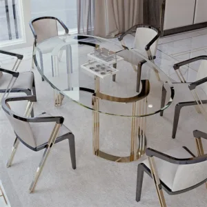 High Gloss Glass Wood Round Oval Luxury Dinning Table and Chairs Set of 6 Seater With Gold Leg for Villa Home