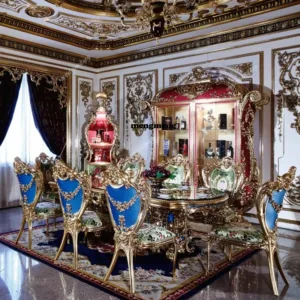 French Royal Baroque Dining Set — Hand-Carved Solid Wood Table with Upholstered Chairs, Luxury Gold for Villa/Hotel