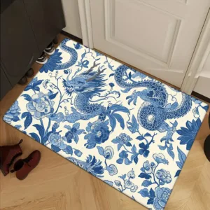 1pc Blue and White Porcelain Dragon Pattern Door Mat, Soft Warm Non-Slip Flannel Area Rug, Comfortable Floor Mat for Entry Kitch