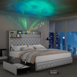 Queen Upholstered Bed Frame with , Galaxy Star Projector & Charging Station, PU Leather Platform Bed with 2 Removable Storage Drawers, 52" Tall Crystal Button Tufted Headboard, Noise-Free Design, No Box Spring Needed