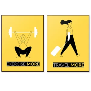 Inspirational Black And Yellow Minimal Art Poster - Exercise More Travel More Create More Explore More Printable Wall Art