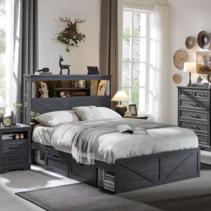 Farmhouse Full Size Bed Frame with 52" Tall Storage Headboard and LED Light,Wood Platform Bed Frame with 4 Drawers, Customized