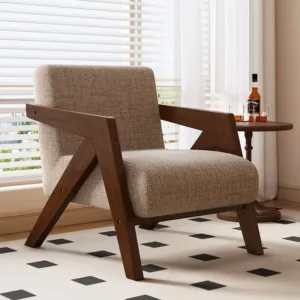 American Style Fabric Armchair with High-Density Sponge CushionSolid Wood FrameComfortable Living Room Seating for HomeBedroom