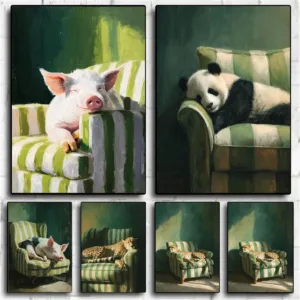 Cute Farm Animal Posters, Pigs Sleeping on Green Chairs, Panda Animal Pictures, Cozy and Fun Room Decorations, Canvas Paintings