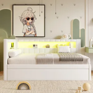 Full Size Daybed with Trundle and Storage Headboard, Upholstered Corner Bed with Charaging Station and LED Belt for