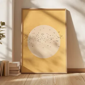 Yellow Sun Japandi Art Print, Flying Birds Wall Art, Abstract Art, Living Room Decor, Large, Japanese Wall Art, Flock, Bedroom D
