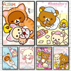 AZNM Rilakkuma Frameless Canvas Wall Art, Kawaii Cute Bear Anime Print Poster for Girls Bedroom Nursery Decor Gift