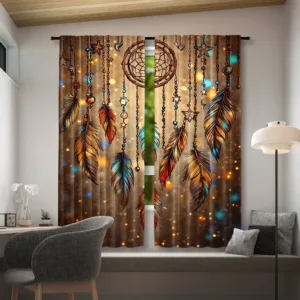 2pcs Boho Feather Curtains Dreamcatcher Print Blackout Drape Living Room Bedroom Window Treatment Home Decor