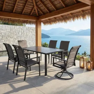 Outdoor modern quick-drying dining table and chair set with swivel chair, garden furniture for 6 people