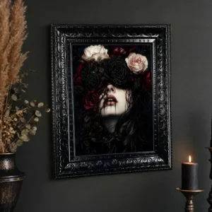 Halloween Wall Art, Framed Canvas Wall Art Gothic Dark Rose Woman Portrait Print for Dark Academia Moody Home Room Decor