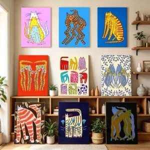 Abstract Fun Strawberry Cat Art Posters Print Cartoon Leopard Cat Funny Animal Canvas Painting Drawing Room Kids Room Home Decor