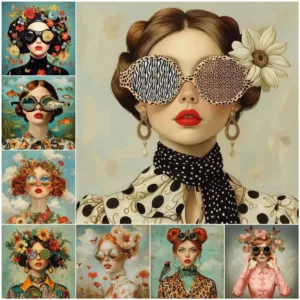 Glasses Woman With Flowers Nordic Boho Wall Art Canvas Painting Butterfly With Girl Portrait Poster For Living Room Home Decor